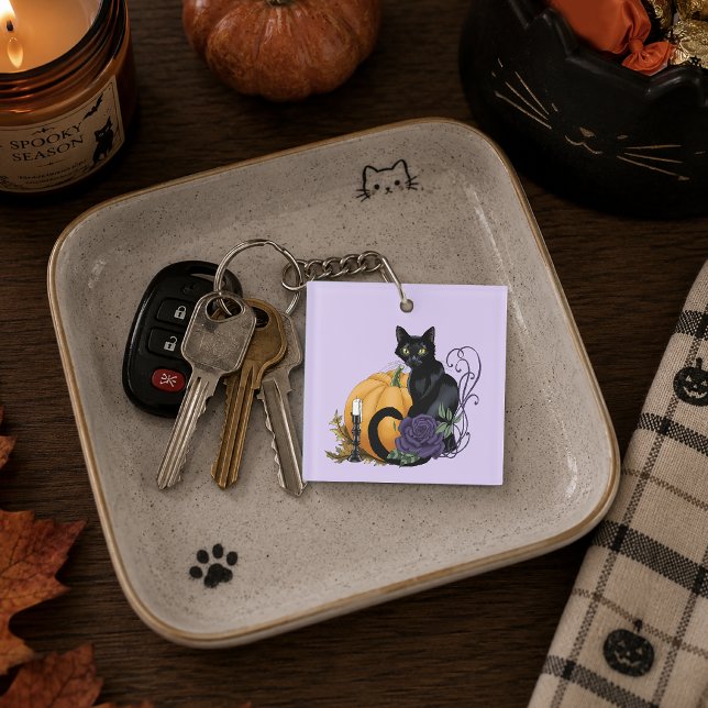 Black Cat Purple Rose Pumpkin Pumpkin Keychain (Creator Uploaded)