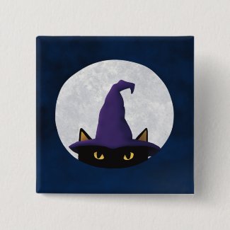 Black Cat Purple Witch's Hat Night Sky Full Moon