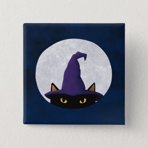 Black Cat Purple Witchs Hat Night Sky Full Moon Button