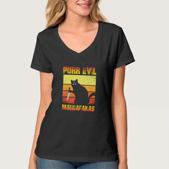 Black Cat Purr Evil Madafakas T-Shirt (Front)