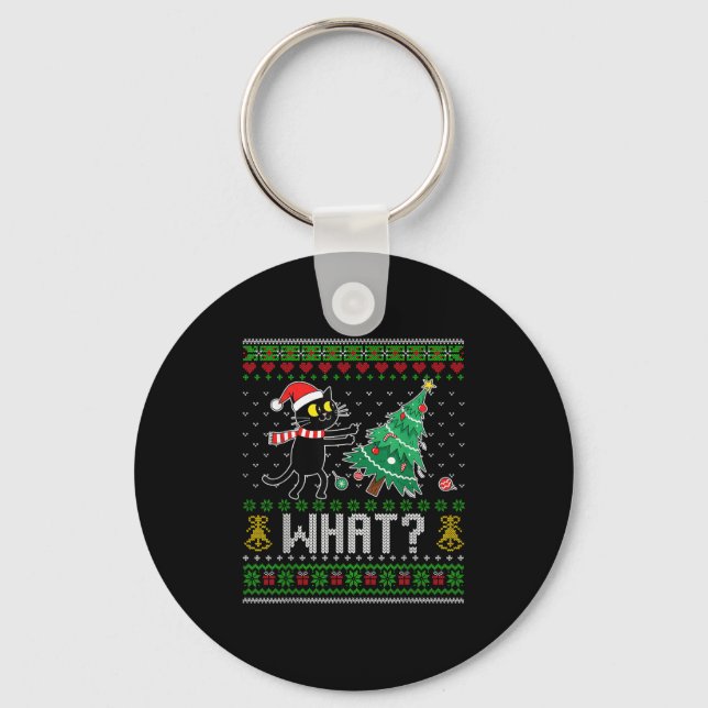 Black Cat Pushing Christmas Tree Cat What Funny Ug Keychain (Front)