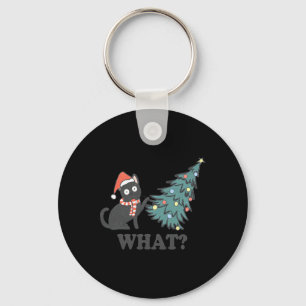 Black Cat Pushing Christmas Tree What Xmas Lights Keychain
