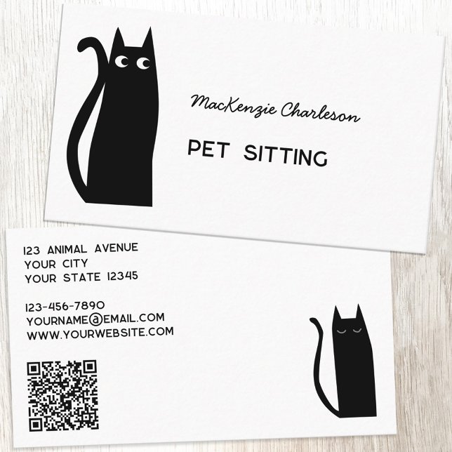 Black Cat QR Code Pet Services Business Card (Fun black cat custom text qr code pet sitting feeding services business card)