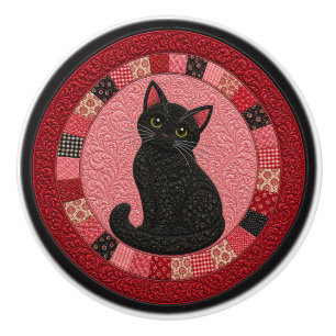 Black Cat Quilt Ceramic Knob
