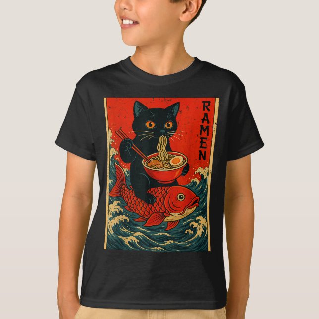 Black Cat Ramen Japanese Graphic Tees For Men Wome (Front)