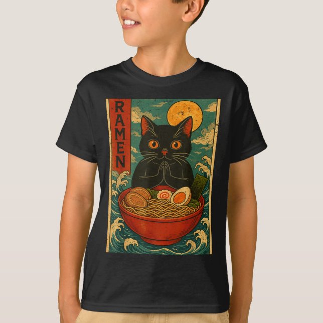 Black Cat Ramen Japanese Graphic Tees For Men Wome (Front)
