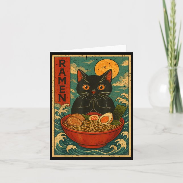 Black Cat Ramen Japanese Graphic Tees For Men Wome Card (Front)
