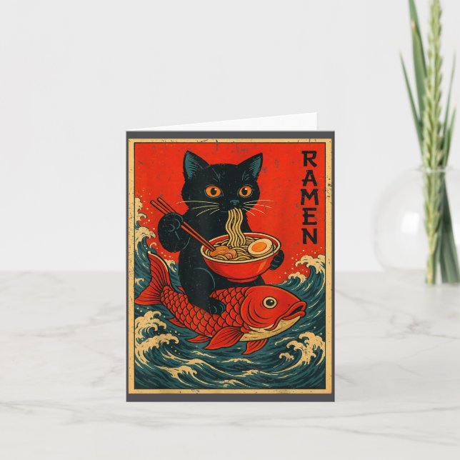 Black Cat Ramen Japanese Graphic Tees For Men Wome Card (Front)