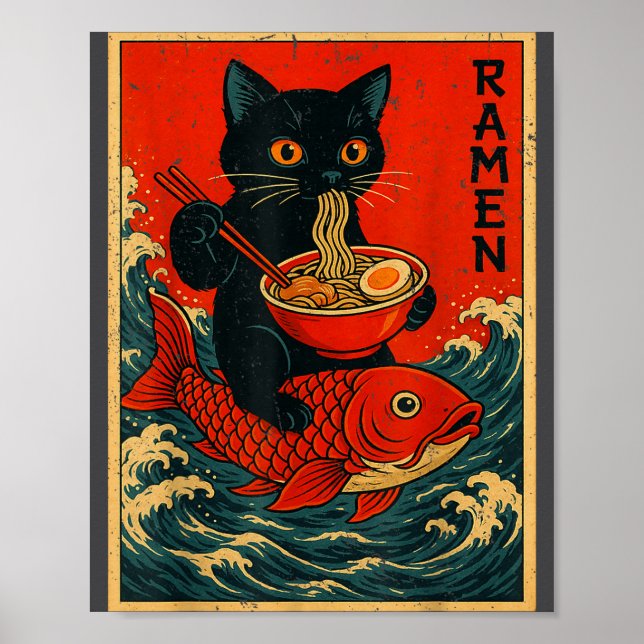 Black Cat Ramen Japanese Graphic Tees For Men Wome Poster (Front)