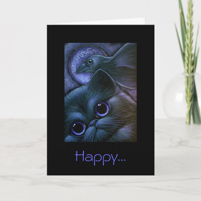 BLACK CAT & RAVEN/CROW HALLOWEEN Card (Front)