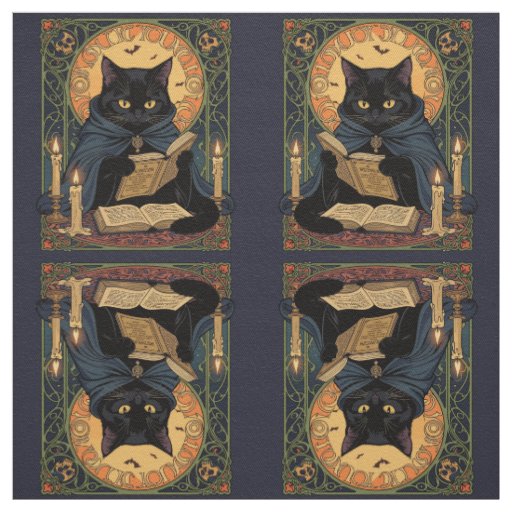 Black Cat Reading A Book Of Solstice Spells Fabric