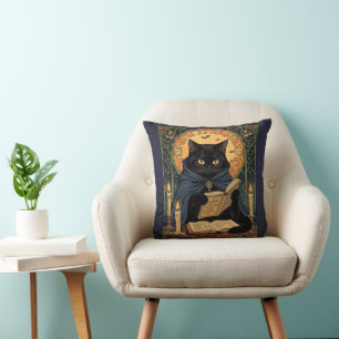 Black Cat Reading A Book Of Solstice Spells Throw Pillow