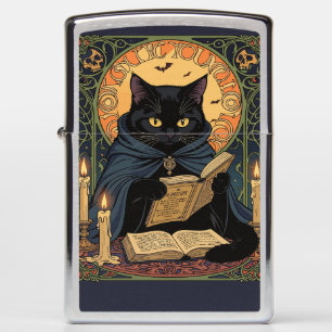 Black Cat Reading A Book Of Solstice Spells Zippo Lighter
