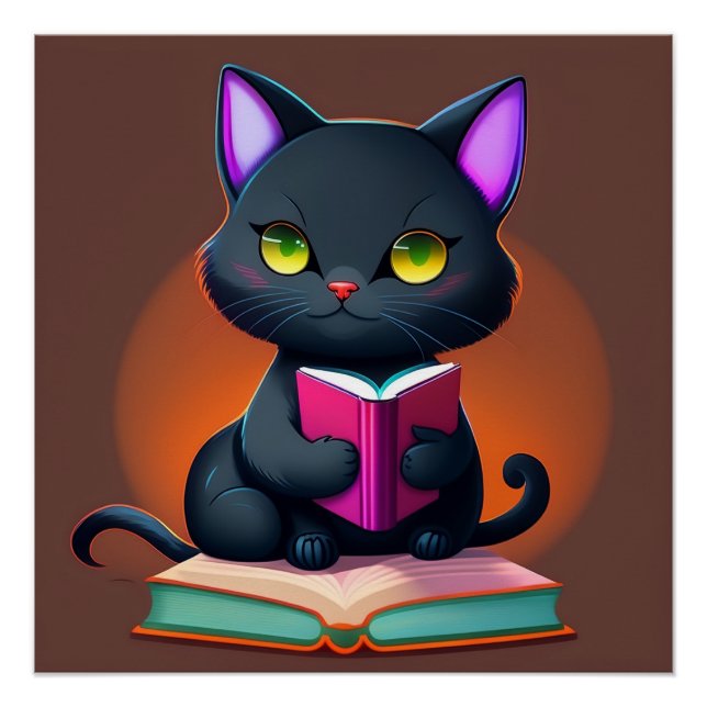 Black Cat Reading A Book Poster (Front)