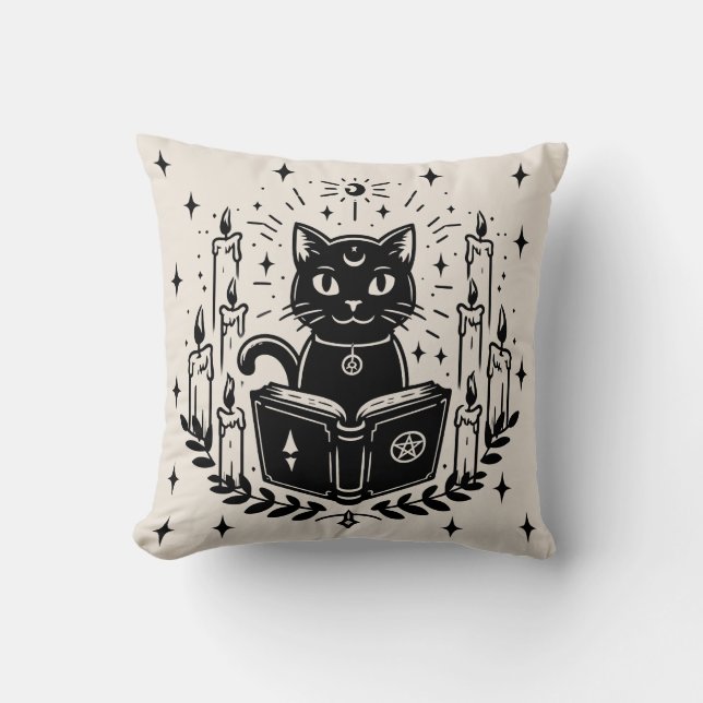 Black Cat Reading Book Spooky  Throw Pillow (Front)