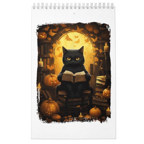 Black Cat Reading Books Pumpkin Autumn Teachers Ha Calendar