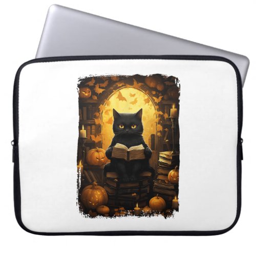 Black Cat Reading Books Pumpkin Autumn Teachers Ha Laptop Sleeve