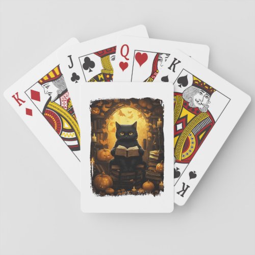 Black Cat Reading Books Pumpkin Autumn Teachers Ha Poker Cards