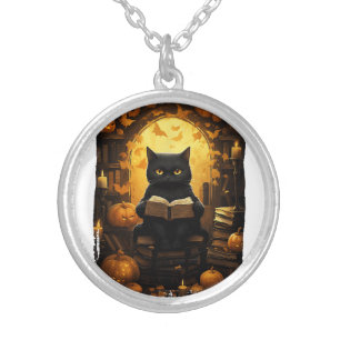 Black Cat Reading Books Pumpkin Autumn Teachers Ha Silver Plated Necklace