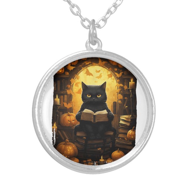 Black Cat Reading Books Pumpkin Autumn Teachers Ha Silver Plated Necklace (Front)