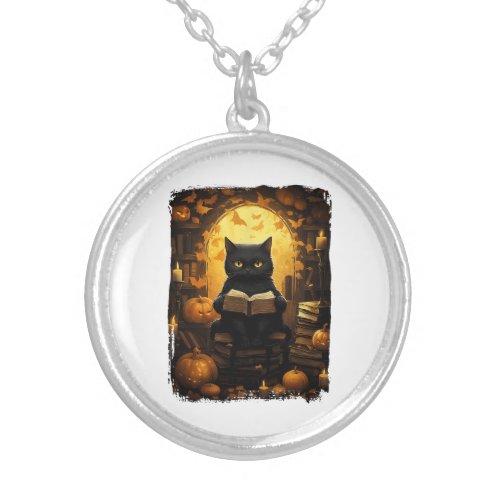 Black Cat Reading Books Pumpkin Autumn Teachers Ha Silver Plated Necklace