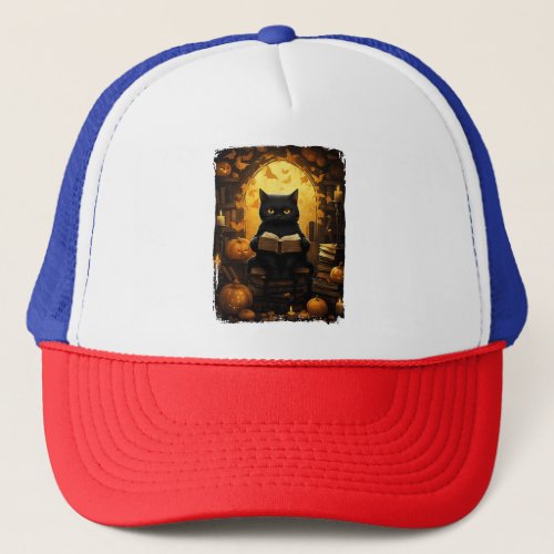 Black Cat Reading Books Pumpkin Autumn Teachers Ha Trucker Hat