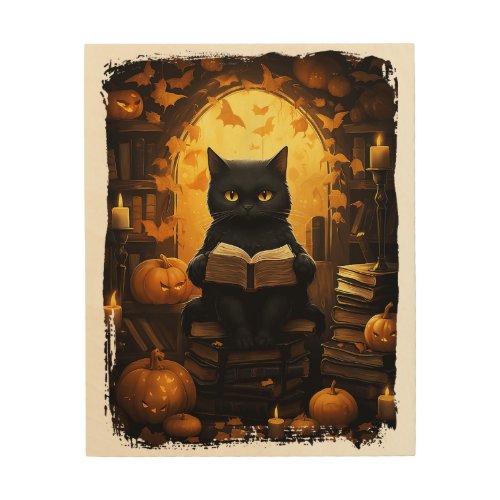 Black Cat Reading Books Pumpkin Autumn Teachers Ha Wood Wall Art