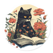Black cat reading cottage store style