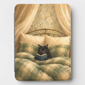 Black Cat Reading in Bed Green Plaid Kindle Cover