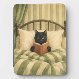 Black Cat Reading in Bed Green Stripes Kindle Cover