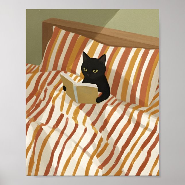 Black Cat Reading in Bed | Peaceful Bedroom | Cat  Poster (Front)