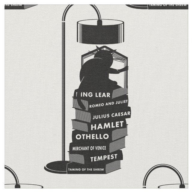 Black Cat Reading Shakespeare Plays Fabric (Close Up)