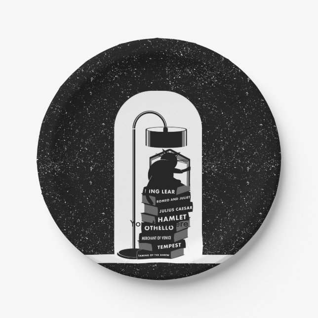 Black Cat Reading Shakespeare Plays Paper Plates (Front)