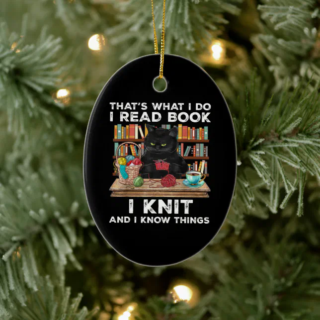 Black Cat Red Book Knit Writter Reader Bookaholic Ceramic Ornament (Tree)