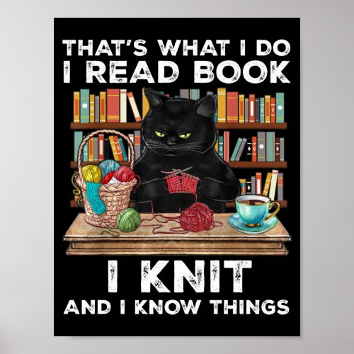 Black Cat Red Book Knit Writter Reader Bookaholic Poster