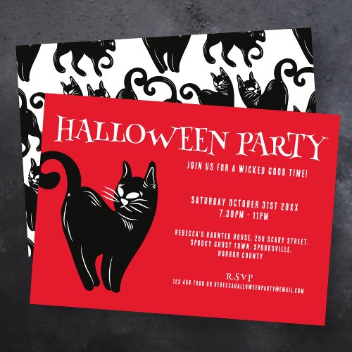 Black Cat Red Halloween Party Invitation