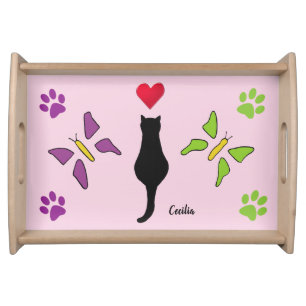 Black Cat Red Heart Purple Butterflies & Pawprints Serving Tray