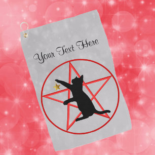Black Cat Red Pentagram Witch Symbols on Grey Golf Towel
