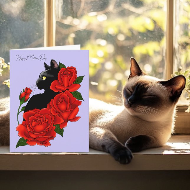 Black Cat Red Roses Lavender Bold Mother's Day Card (Creator Uploaded)