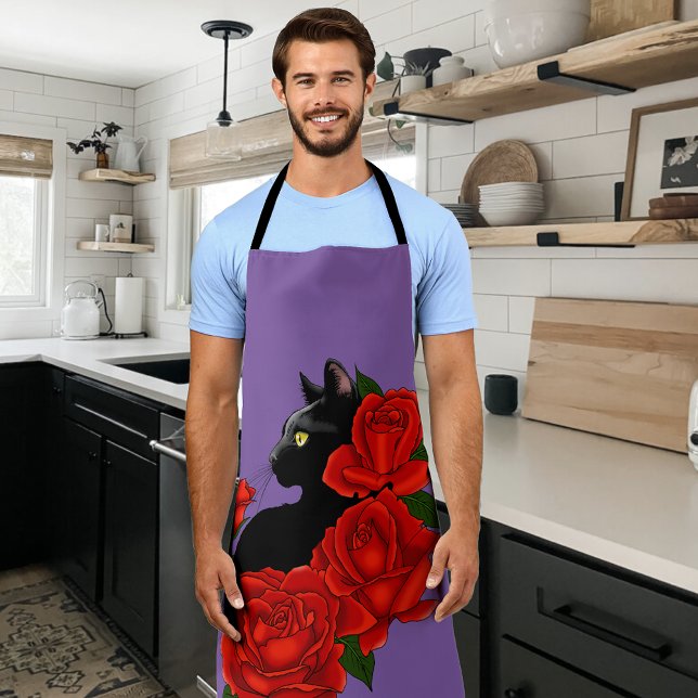 Black Cat Red Roses Purple Apron (Creator Uploaded)