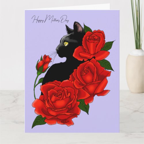 Black Cat Red Roses Purple Mothers Day Card