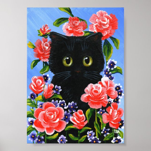 Black Cat Red Roses Summer Creationarts Poster (Front)