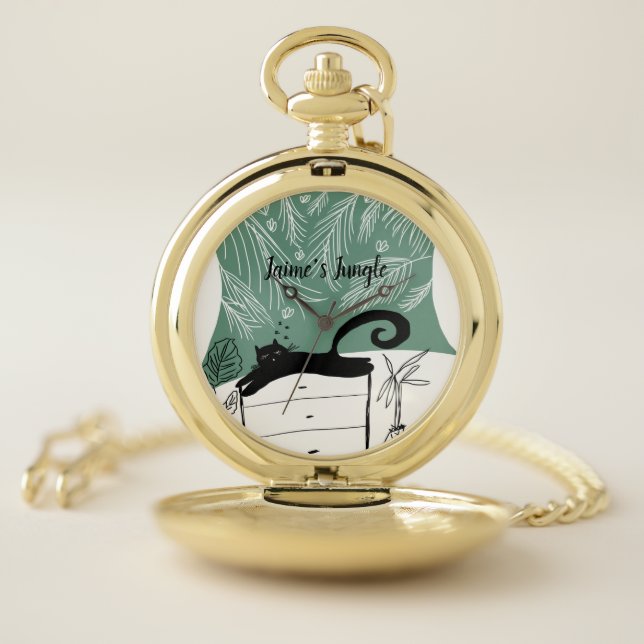 Black Cat Relaxing Plant Jungle Pocket Watch (Inside)