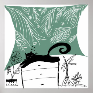 Black Cat Relaxing Plant Jungle Poster