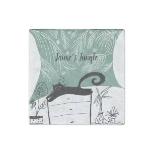 Black Cat Relaxing Plant Jungle Stone Magnet