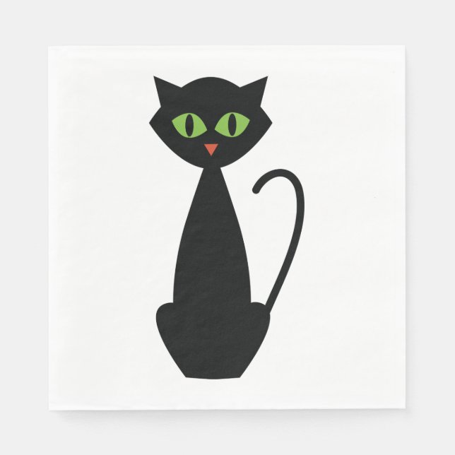 Black Cat Retro Green Eyed Halloween Silhouette Napkins (Front)
