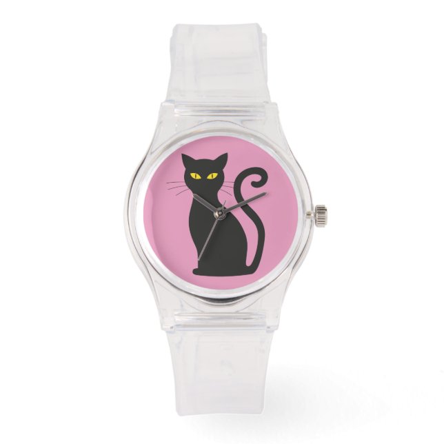  BLACK CAT RETRO LADIES PINK WRIST WATCH (Front)