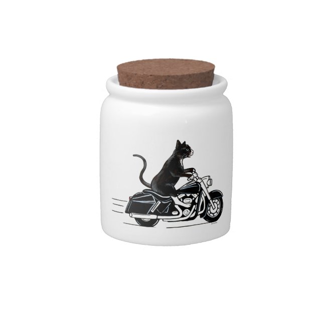 Black Cat Riding A Motorcycle Candy Jar (Front)