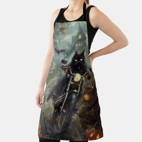Black Cat Riding Motorcycle Halloween Scary Apron