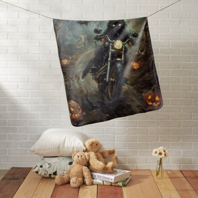 Black Cat Riding Motorcycle Halloween Scary Baby Blanket (In Situ)